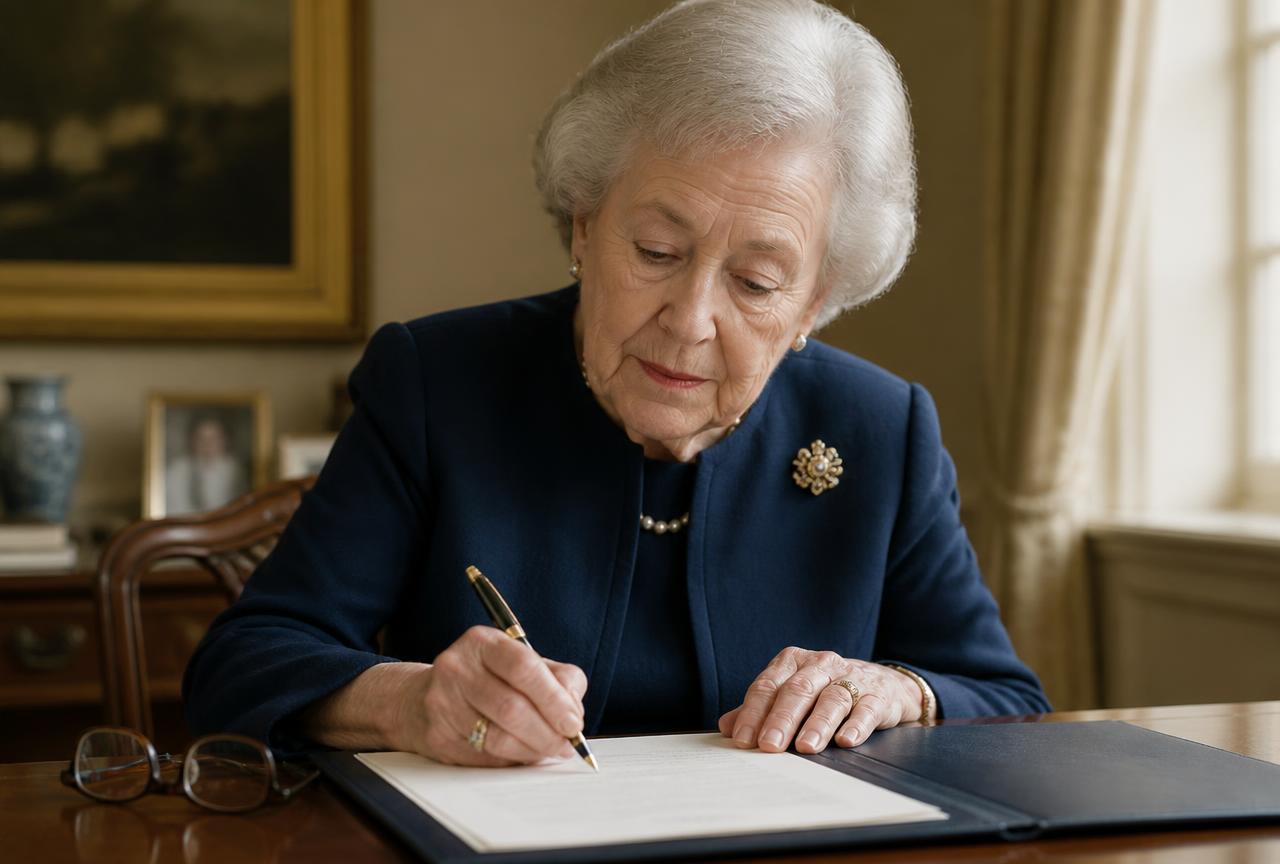 An older woman signing estate planning documents at her desk