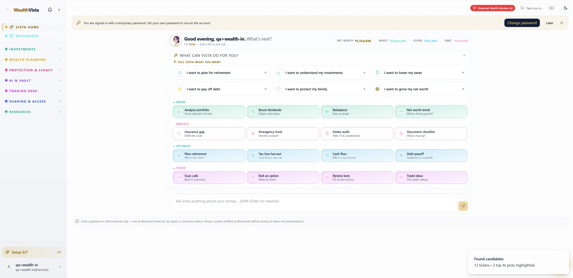 The Vista AI assistant inside Wealth Vista, answering a retirement question from the user's own plan